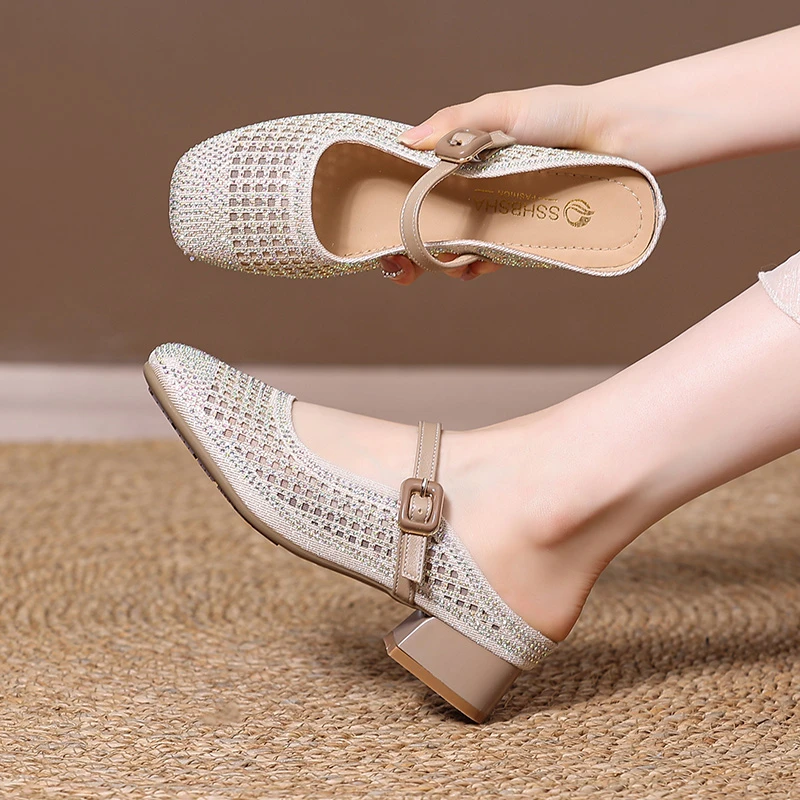 夏季新款半拖凉鞋低跟外穿拖鞋粗跟时尚镂空透气水钻百搭女鞋