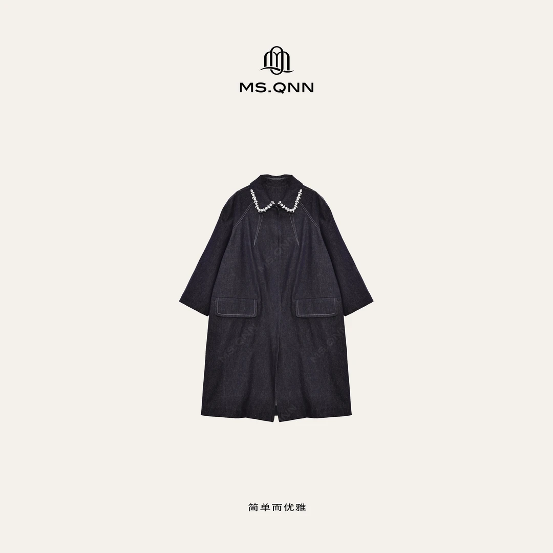 Ms.Qnn“蓝梦巴黎”法式高级钉珠重工明线水洗牛仔外套 39C238 Q姐