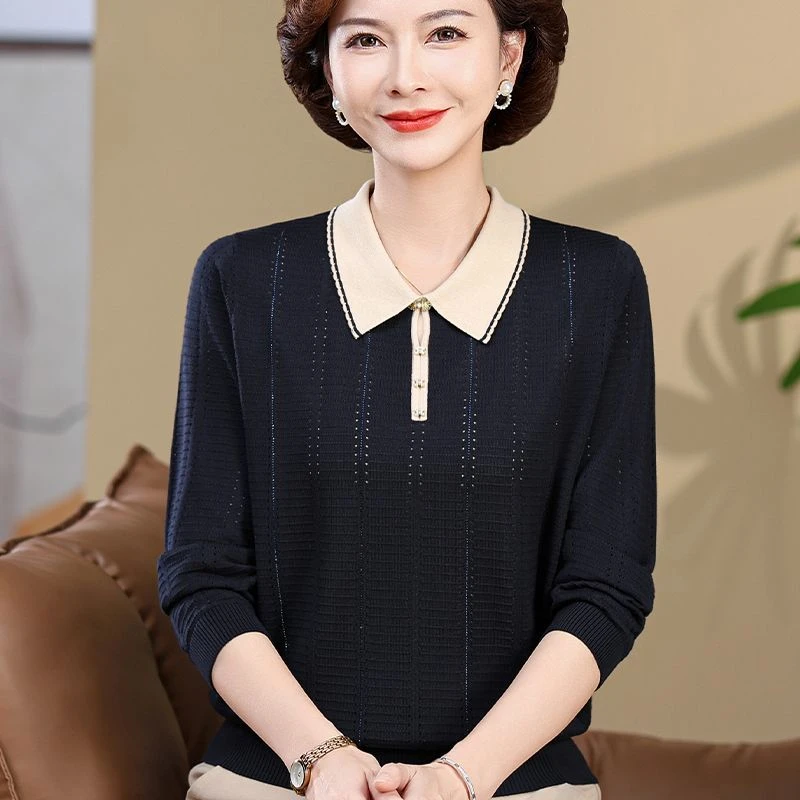 秋装洋气新款妈妈长袖打底衫女中老年春秋翻领衣服显瘦薄T恤