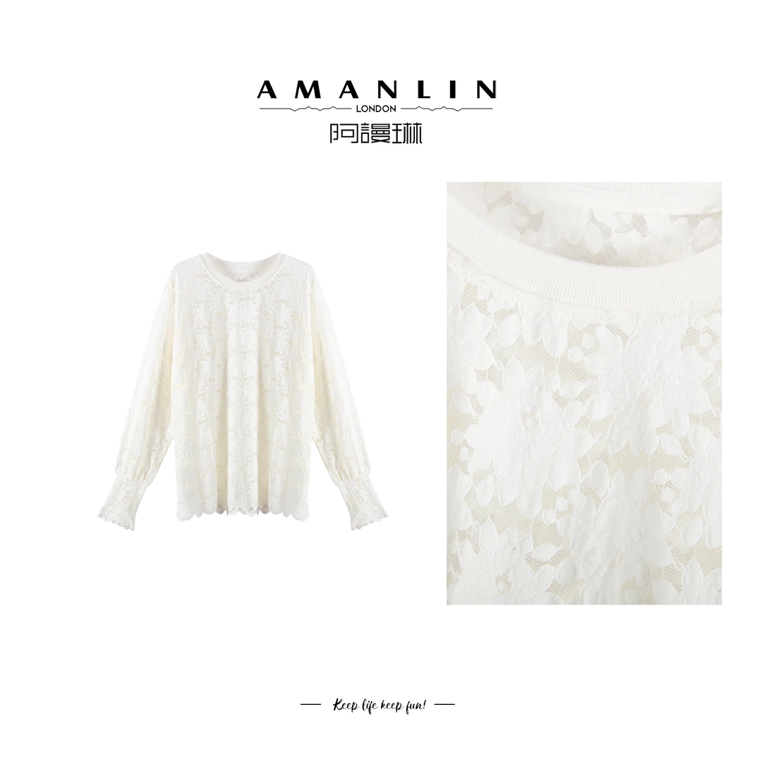 【AMANLIN】法式花朵印花镂空套头针织显瘦百搭气质上衣F595277