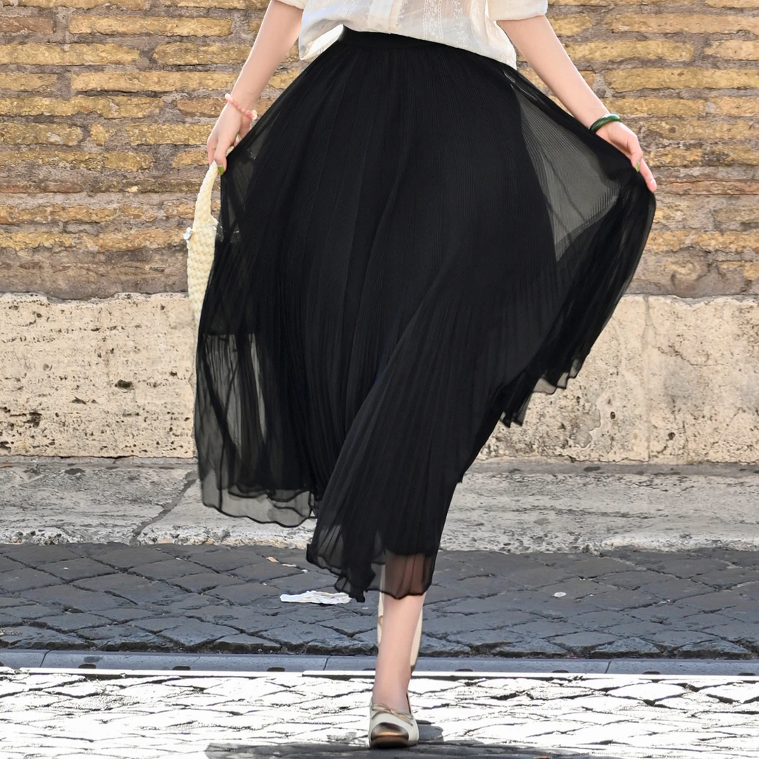 西子/【逸夜】法式高级A字双工压褶气质波浪边黑色半身裙/BQTJ217