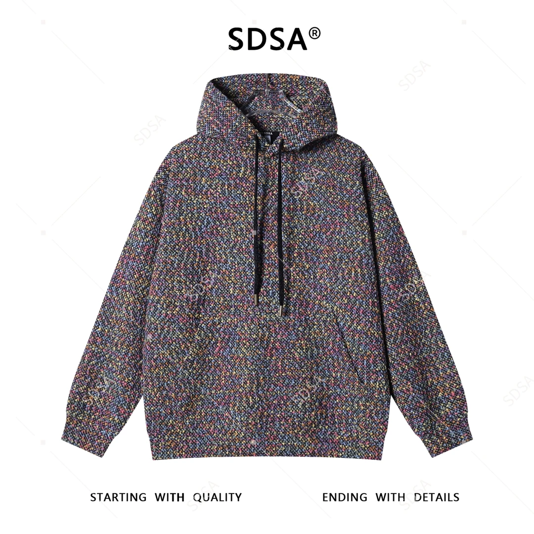 SDSA男士秋冬新款痞帅男装潮牌彩色小香风抽绳连帽卫衣百搭时尚