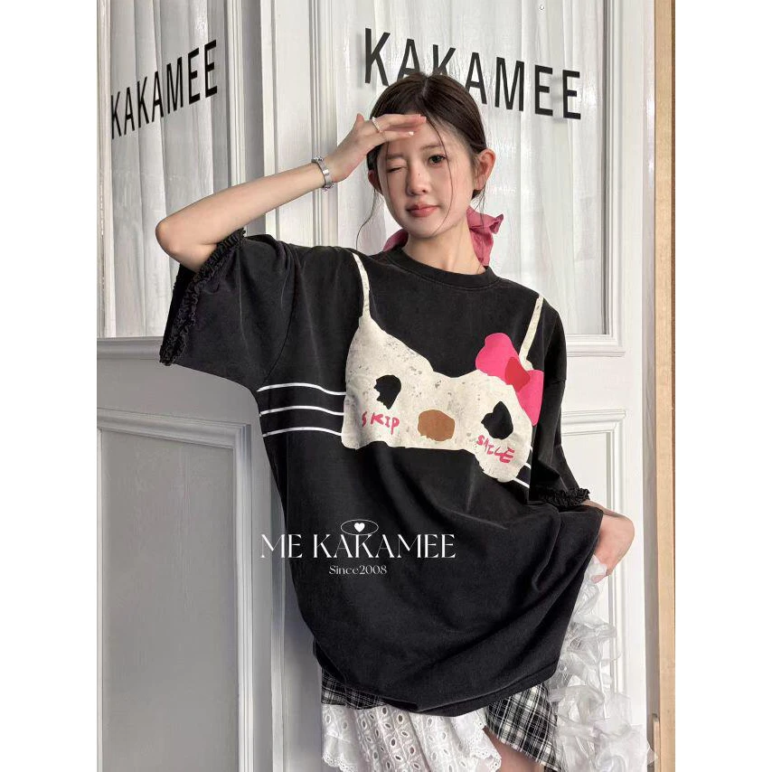 KAKAMEE 夏季穿搭 甜酷趣味搞怪kt比基尼宽松T恤女  s2998
