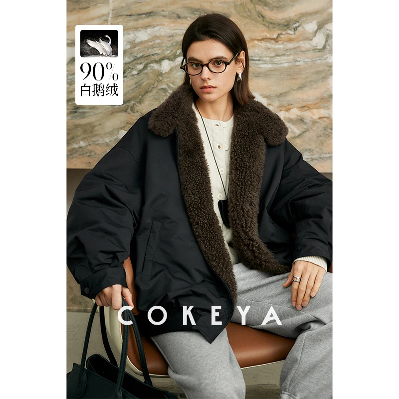 COKEYA/臻稀baby绒“小卷毛夹克”~90鹅绒羊绒毛领羽绒服外套女冬