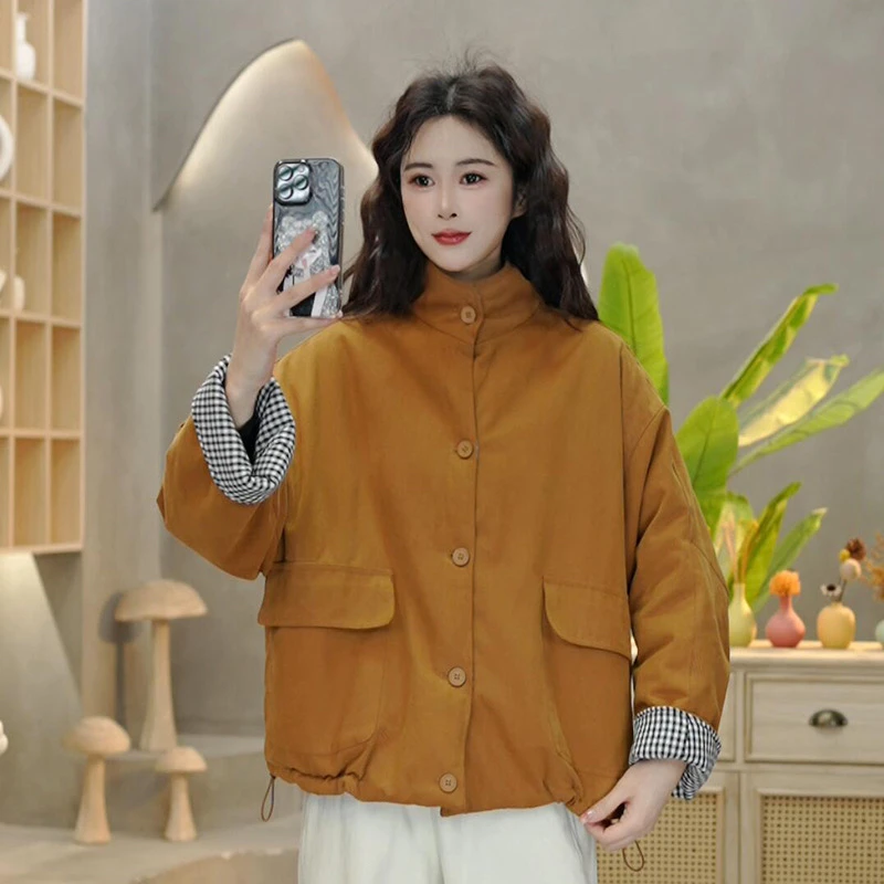 6781 冬季新款立领加厚宽松棉衣女撞色百搭上衣大口袋棉服女