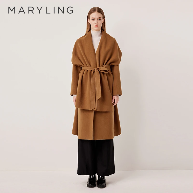 MARYLING玛俪琳2025冬季新品驼色披肩双面呢系带大衣A1FHW93560
