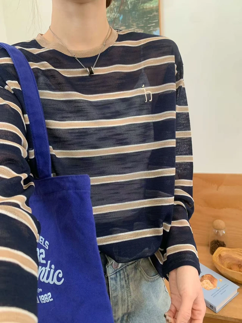 2025新款夏季韩版休闲风防晒衫条纹ins简约风上衣印花大版长袖T恤