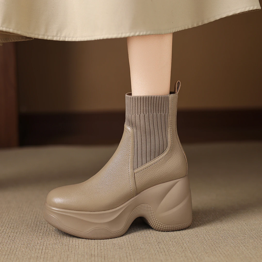 9cm百搭厚底高跟弹力瘦瘦靴秋冬粗跟羊皮靴子套筒针织防水台短靴