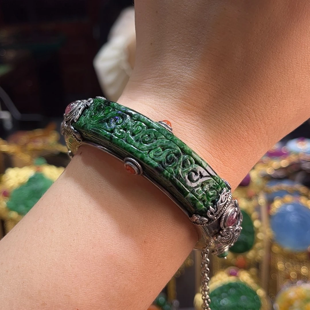 银S925镶嵌手镯翡翠花青翡翠多宝手镯