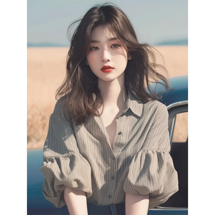 独特小众时髦设计感上衣小个子洋气复古高级感咖色泡泡袖衬衫女夏