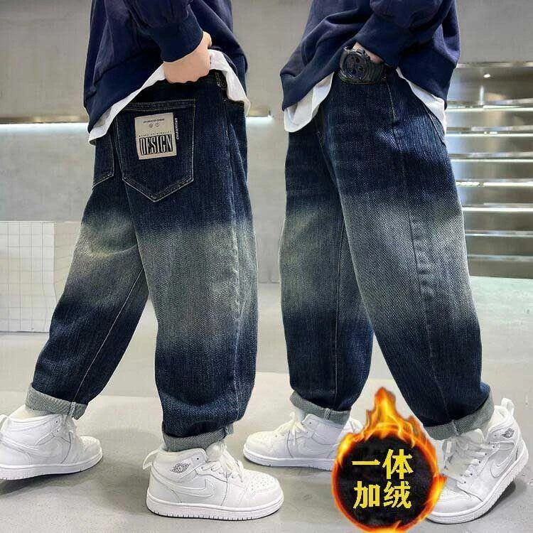 潮流复古男童牛仔裤秋冬季男孩保暖裤子2025新款中大童加绒加厚
