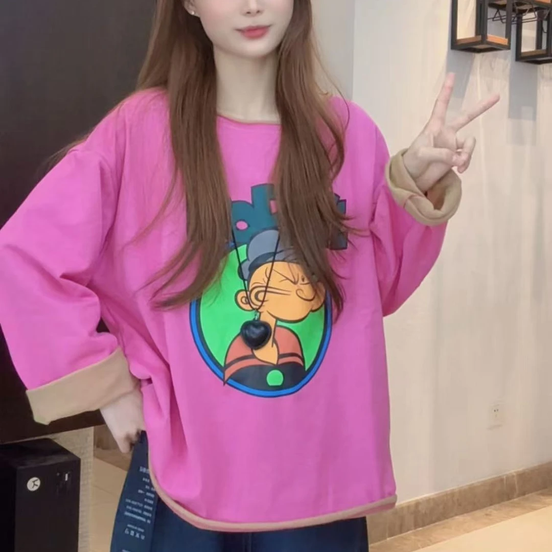 设计感大力水手印花圆领长袖T恤女2025早秋新款百搭休闲显瘦上衣