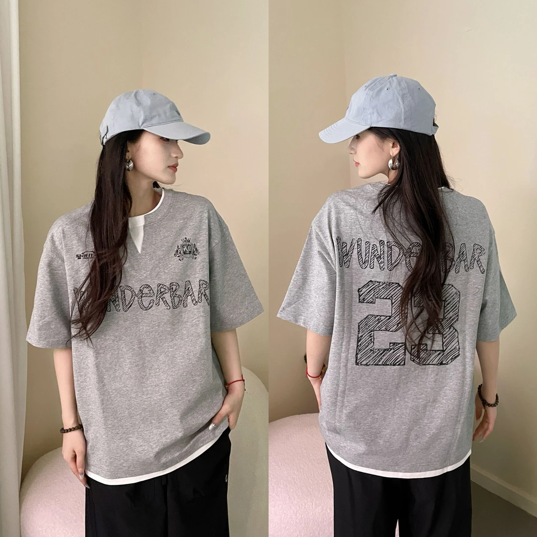 森马短袖T恤男拼接假两件学院运动风2025美式复古废土风潮流松弛