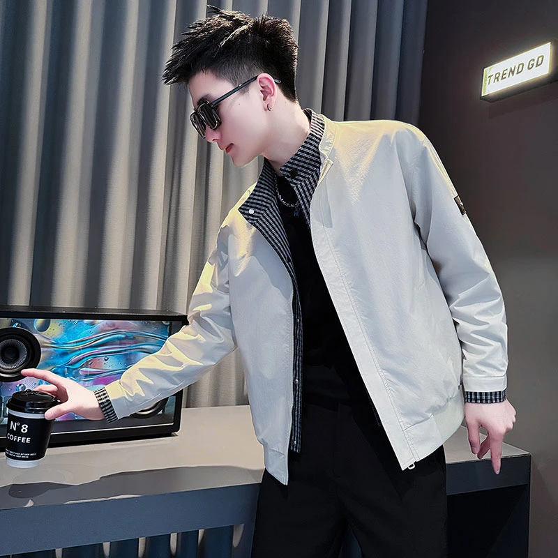 秋季新款痞帅立领假两件夹克韩版男士春秋季潮流百搭时尚休闲外套