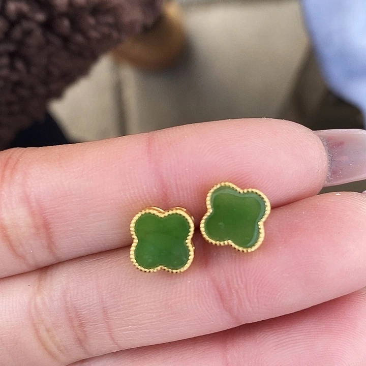 和田玉耳饰银S925镶嵌碧玉四叶草耳钉ZR