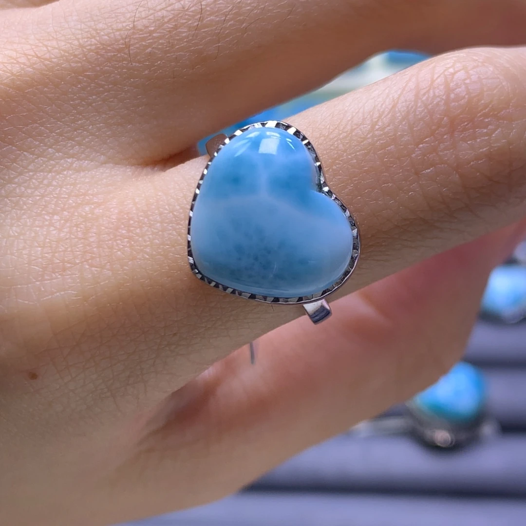 针钠钙石（海纹石）银S925镶嵌戒指爱心戒指色差略异