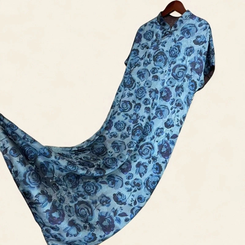 【蓝玫瑰】新中式夏季复古国风双面时尚秋季优雅印花长款连衣裙