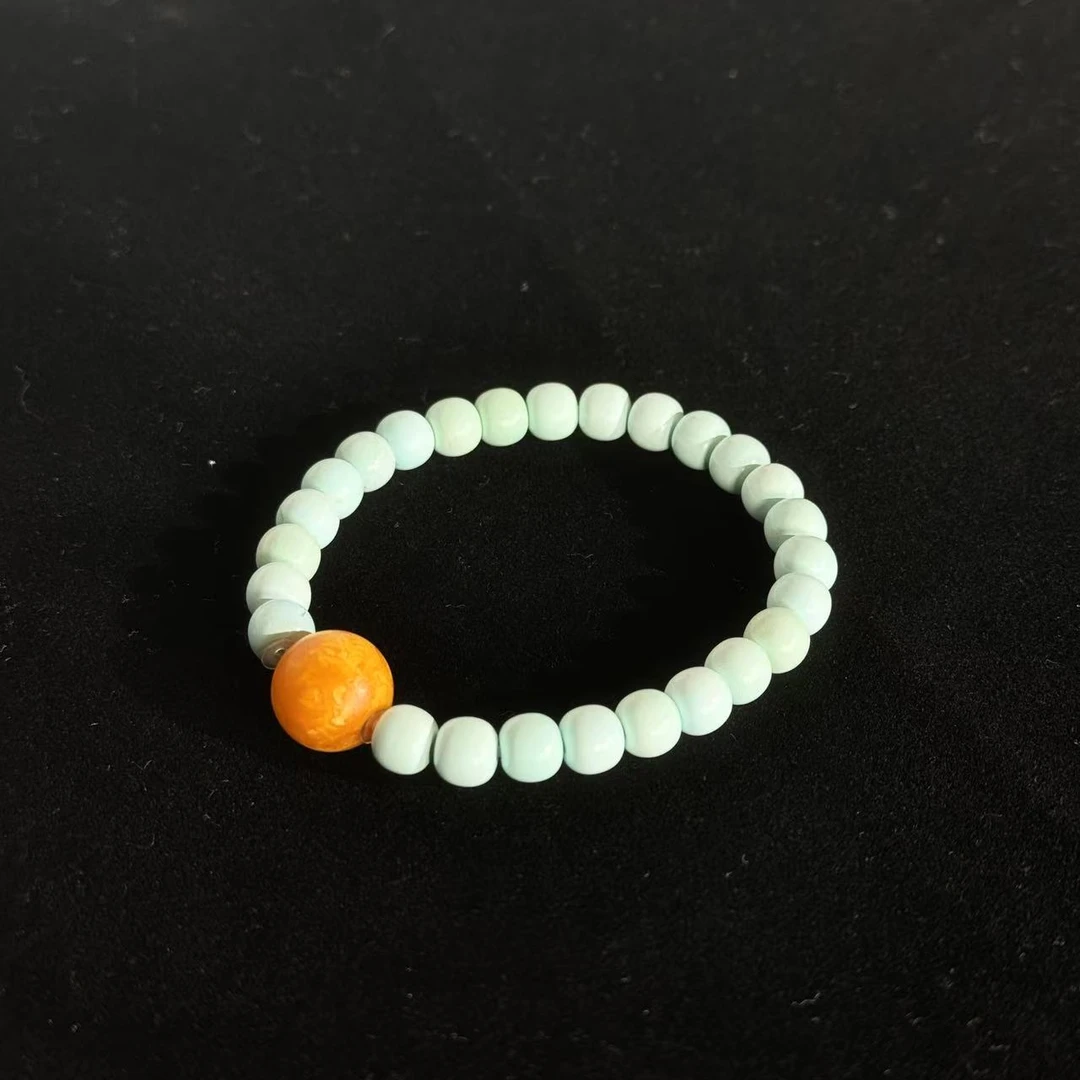 【景润】橘红皮石膏蜜蜡蜡单珠绿松石精工老型单圈手串 多样性发一