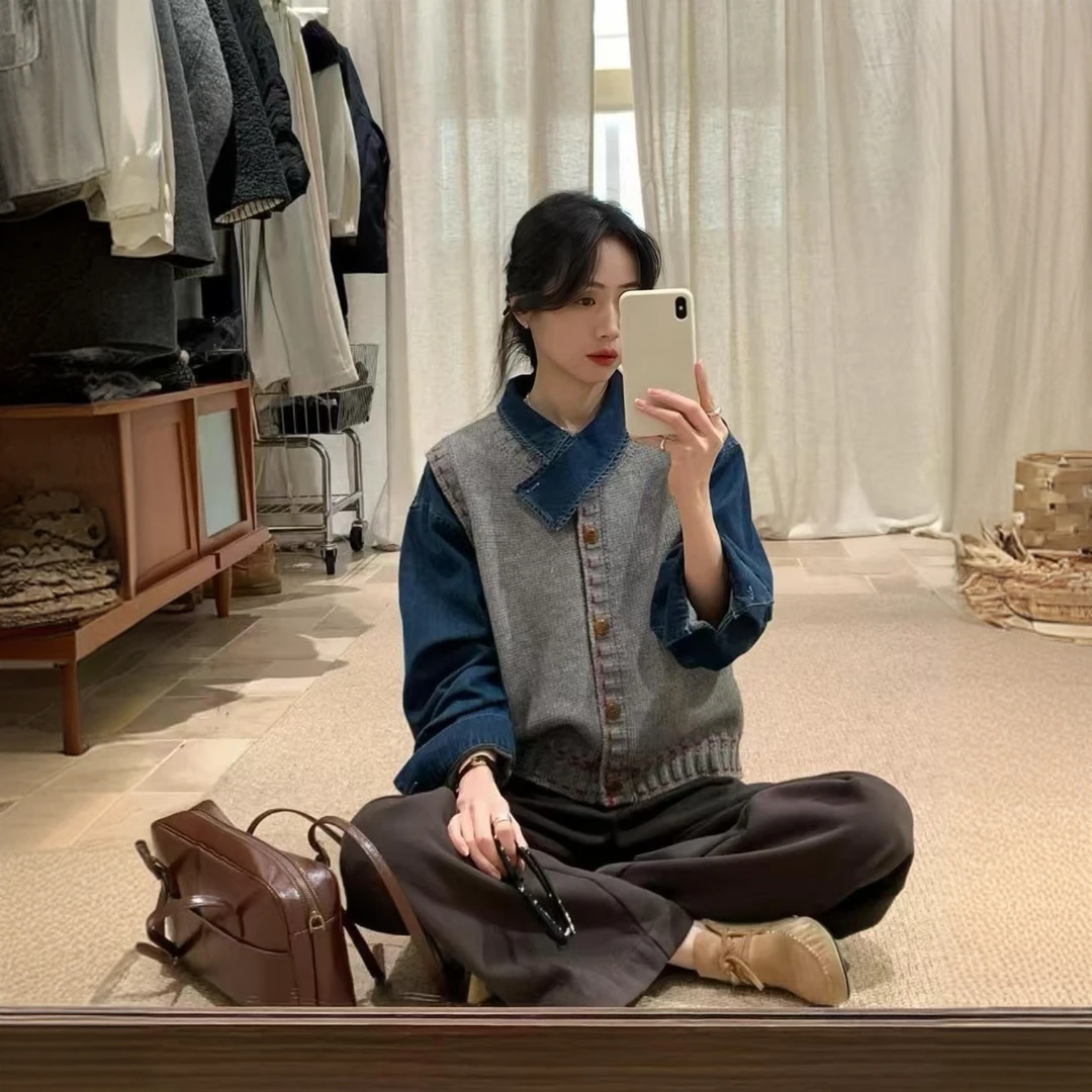 蓝色交叉领设计感长袖牛仔衬衫女休闲复古叠穿毛衣马甲宽松套装