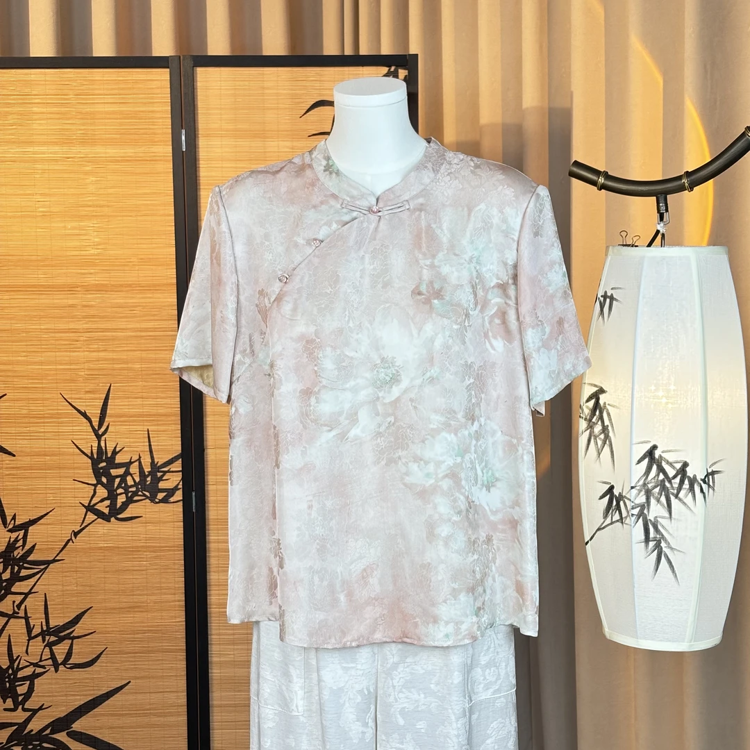 粉俏3-日常新中式红云纱时尚显瘦宽松优雅气质中式短袖上衣夏