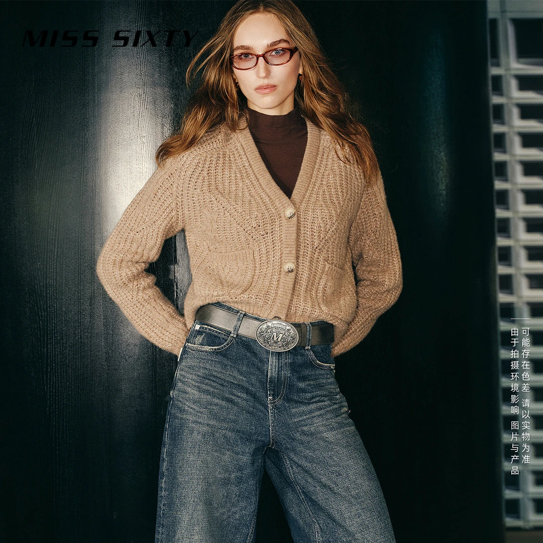Miss Sixty绵羊毛针织外套女V领纽扣宽松毛衣慵懒休闲气质温柔