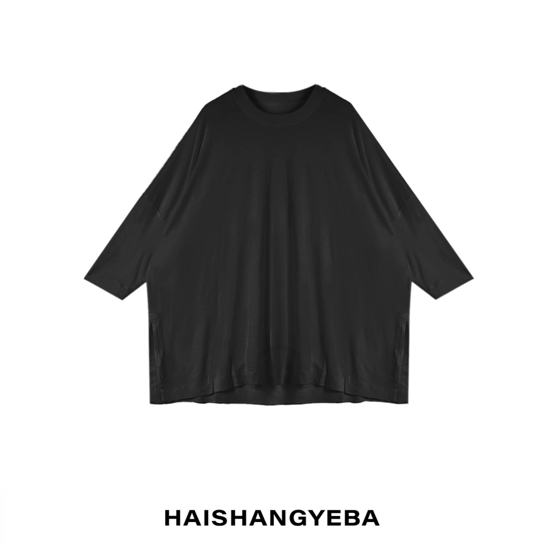 【海上叶爸】新款2025夏季百搭醋酸圆领纯色休闲开叉大T恤
