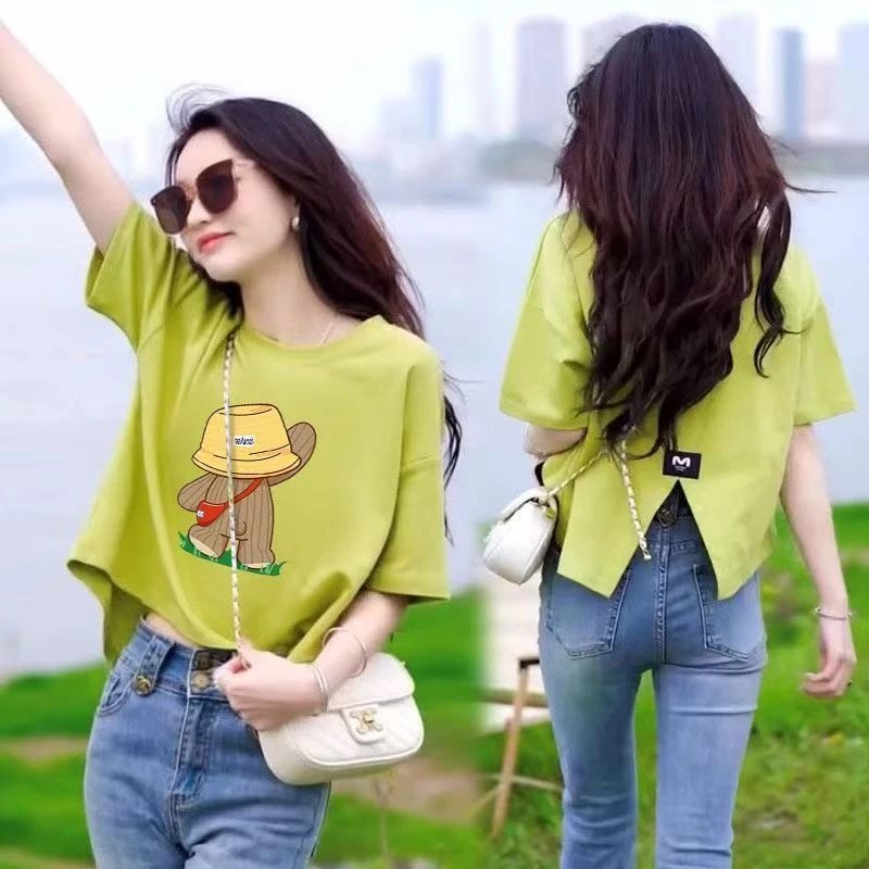 夏季新款时尚圆领后背开叉短袖T恤女百搭设计感洋气显瘦上衣