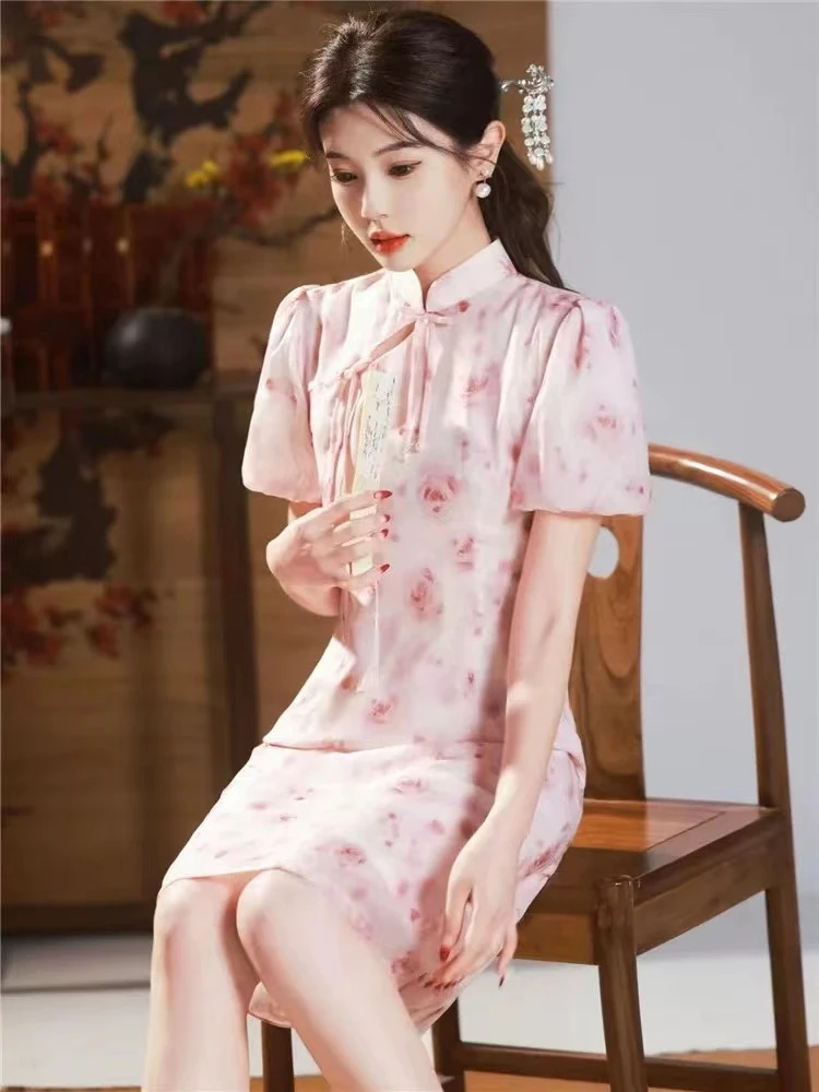 555-粉色 小玫瑰 公主袖 短款 改良 旗袍