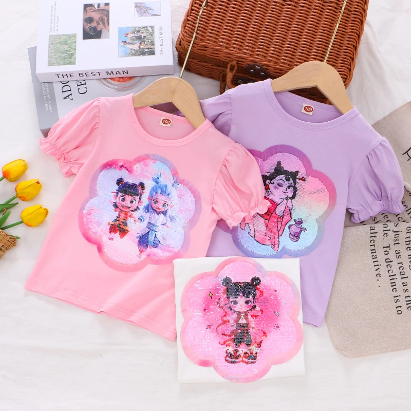 女童哪吒短袖T恤夏季新款儿童变色亮片短袖上衣女宝宝棉质短袖t恤