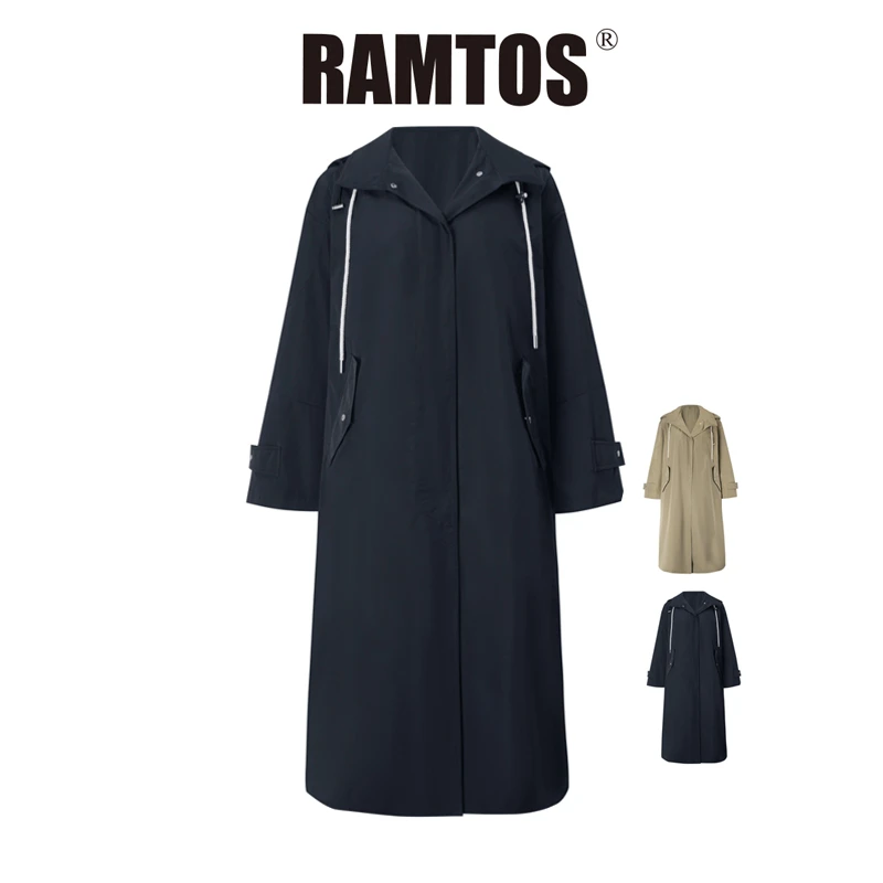 RAMTOS三醋酸连帽风衣长袖秋季女装复古通勤风衣纯色