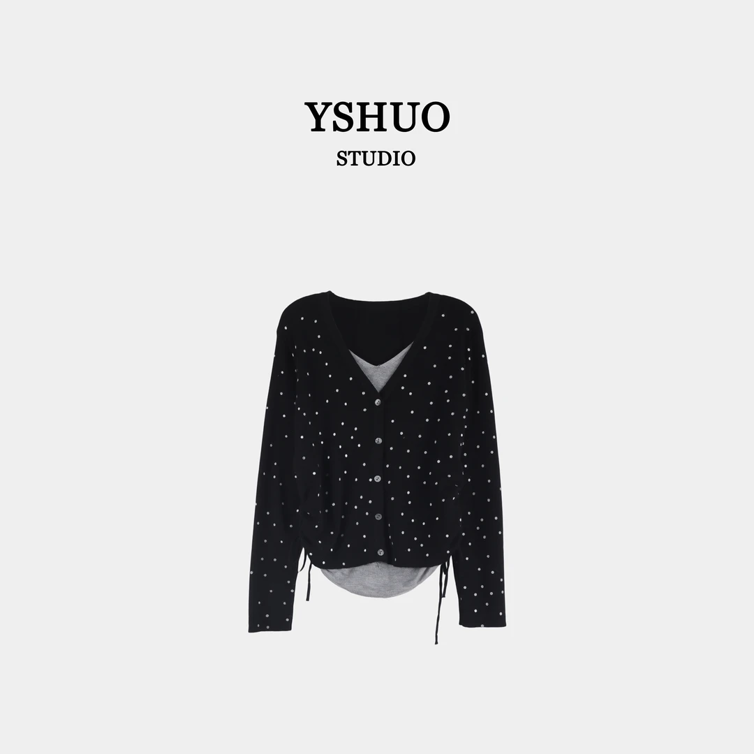 【软调暮夕】 假两件v领两侧收腰小清新薄款长袖上衣 24633