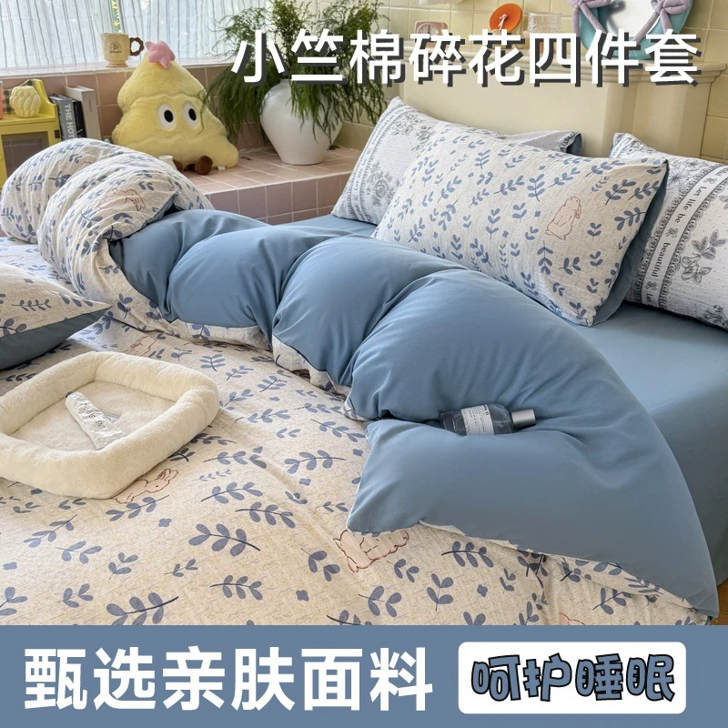 A类双层纱四件套泡泡棉小清新被套家用床上用品ins碎花三件套夏季
