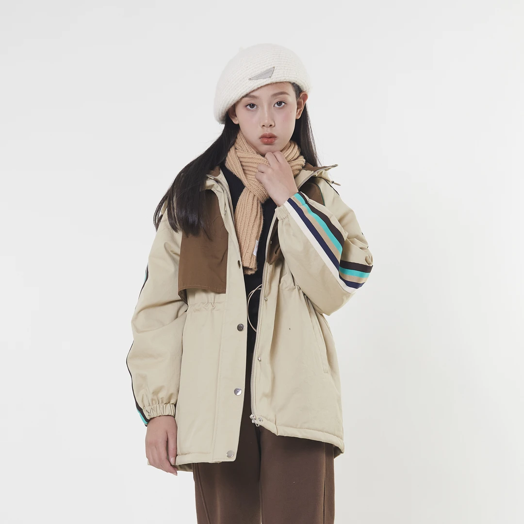 323219179女童秋冬连帽拼色风衣加棉加厚外套（YIHAO）