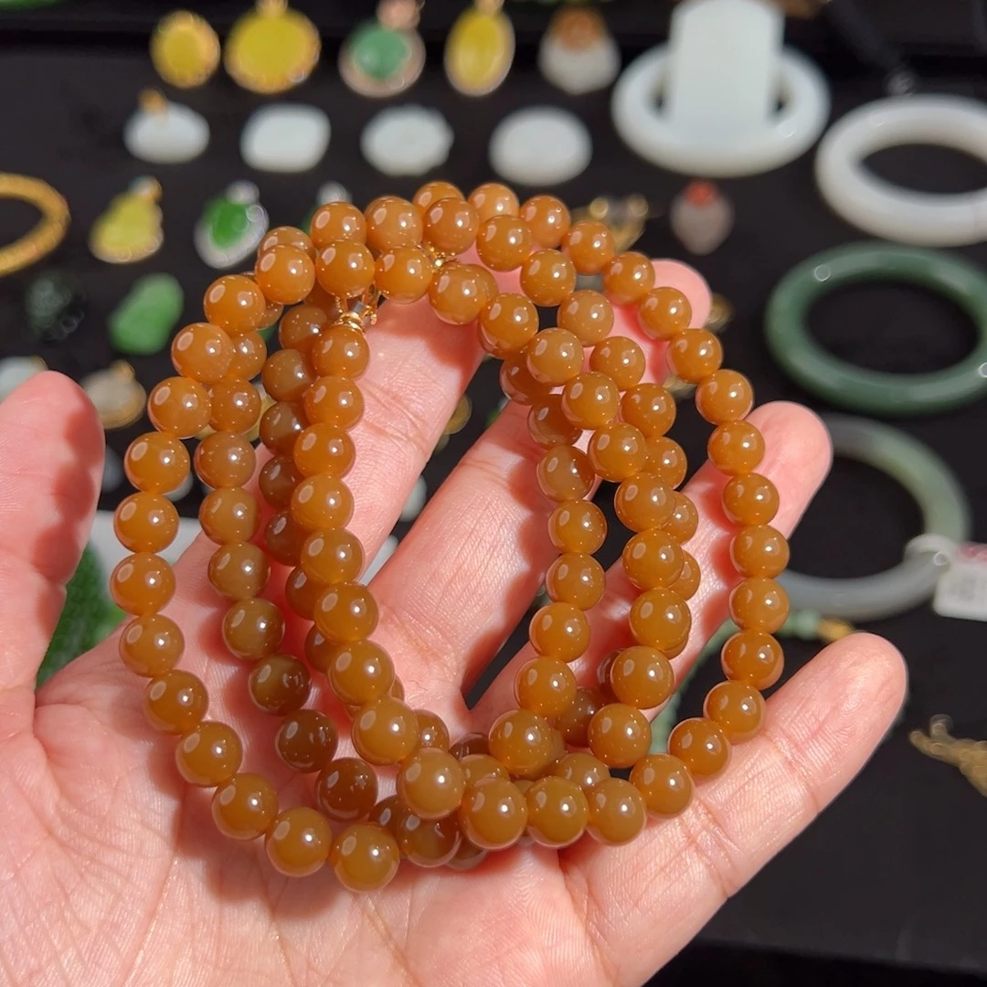 和田玉（糖玉）未镶嵌颈饰老料纯糖108珠串8mm