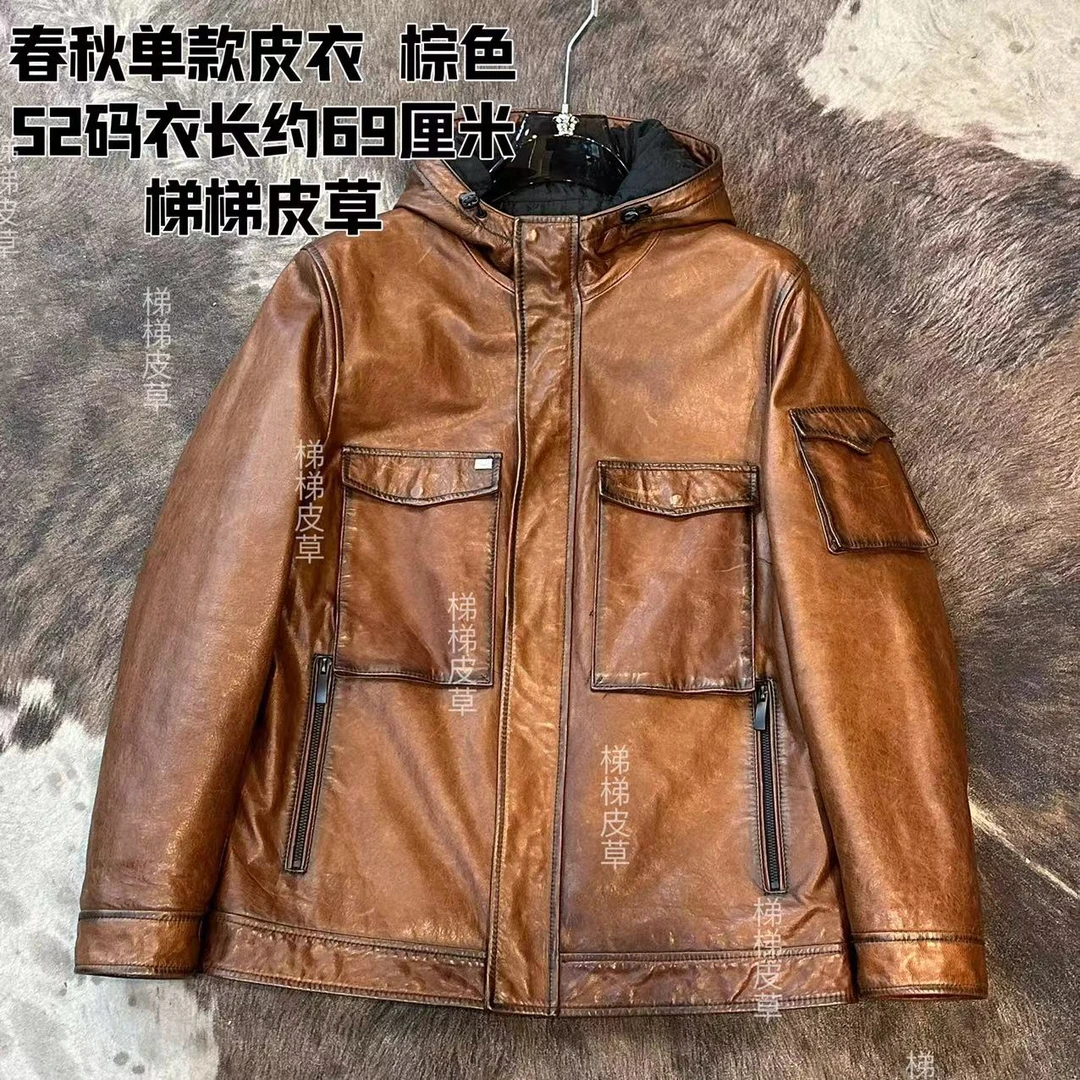 【梯梯男装】中长款做旧长款复古欧美男皮衣棕色休闲蜡染连帽2053