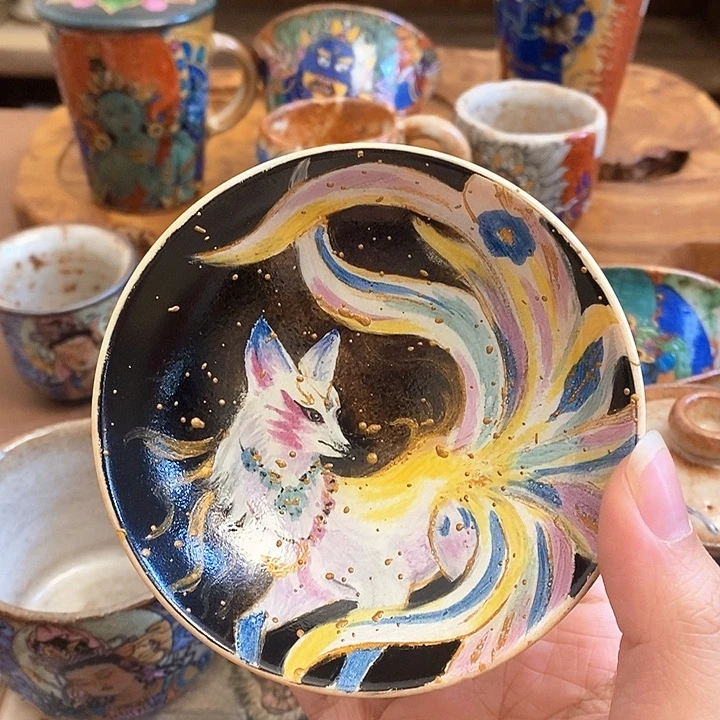 手工手绘九尾狐茶杯