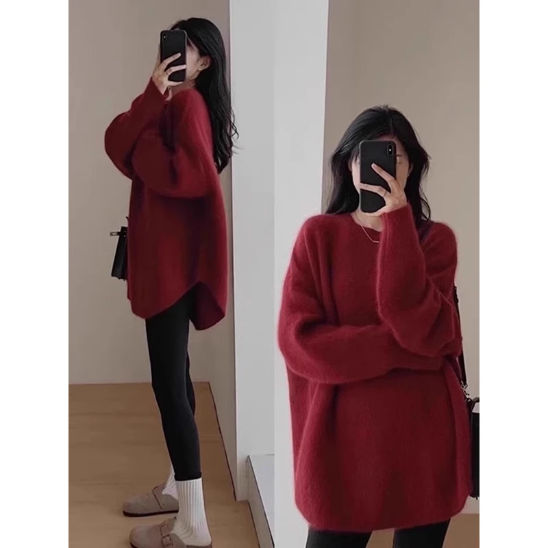 洋气过年红色外穿套头毛衣女秋冬季软糯慵懒风中长款针织衫上衣服