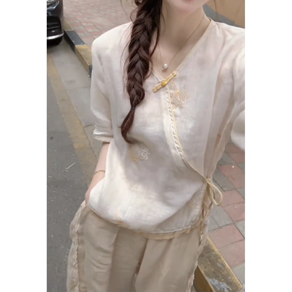 新中式国风七分袖衬衫女装2025夏季新款高级感舒适宽松百搭衬衣女