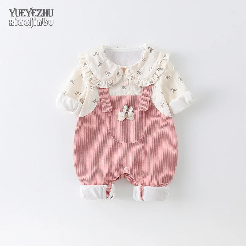 婴儿条绒衣服春秋女宝宝假两件连体衣秋装一岁韩版娃娃领哈衣外出