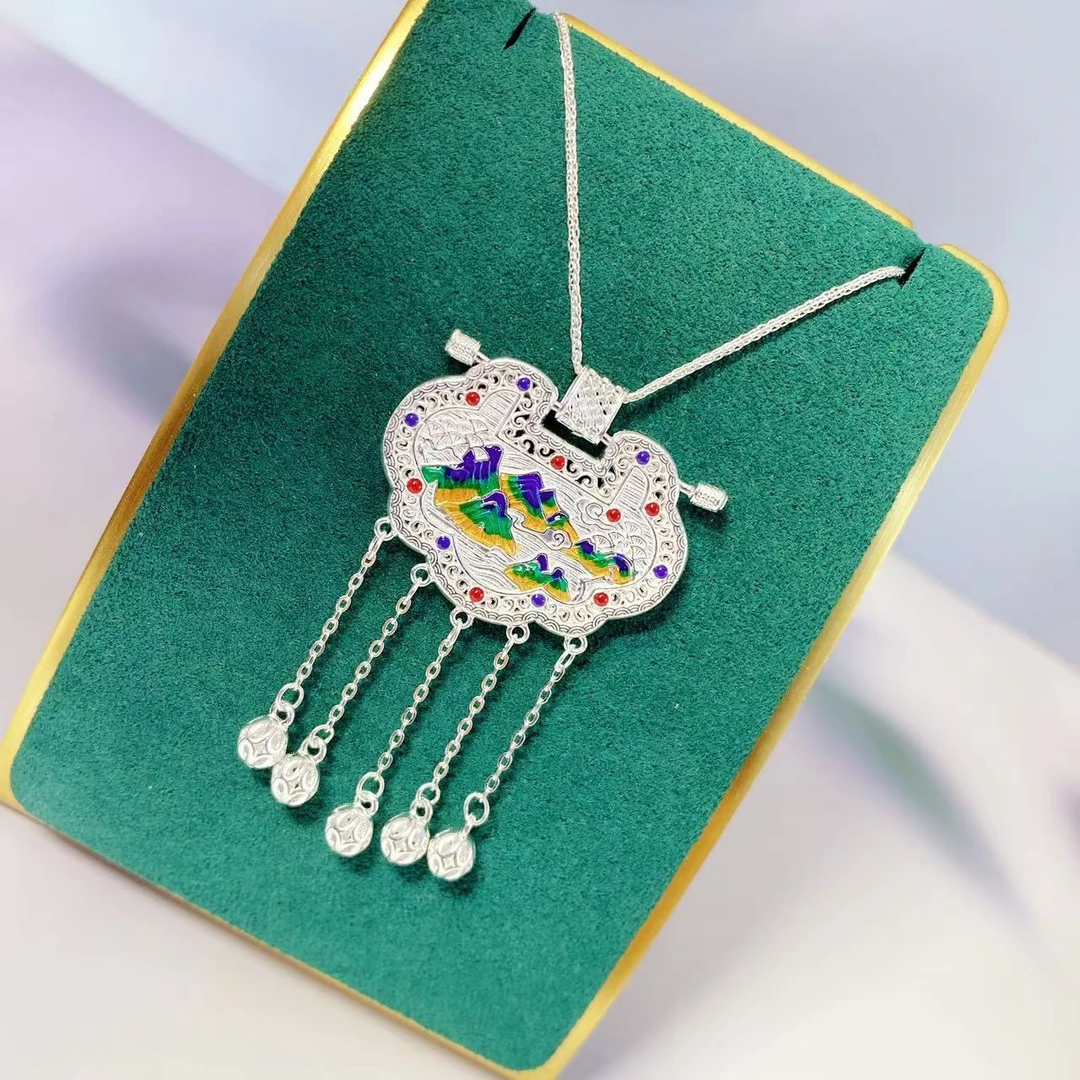 吊坠足银 足银珐琅国潮风千里江山吊坠古法花丝流苏长命锁项链