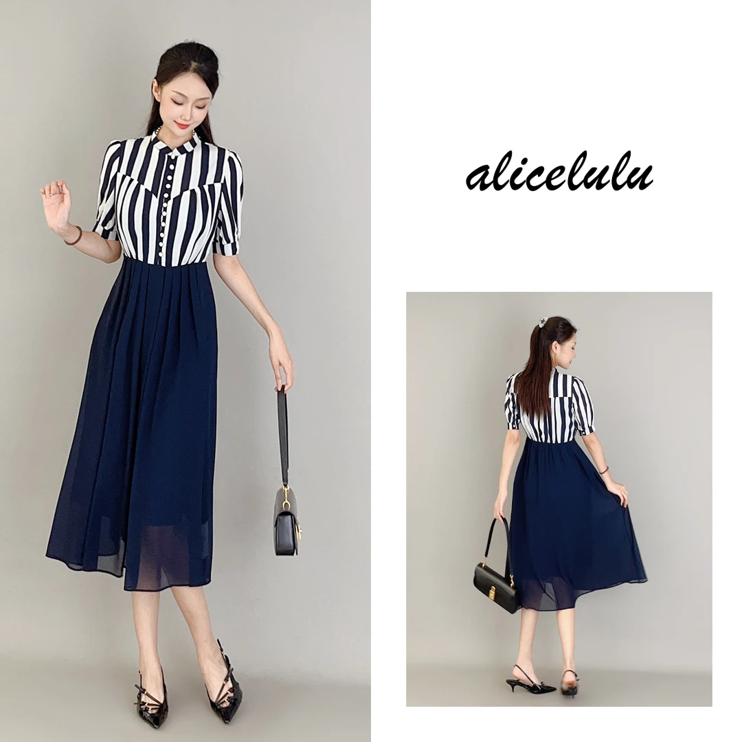 2ALICE“条纹变奏”连衣裙优雅通勤清爽透气S2138528J