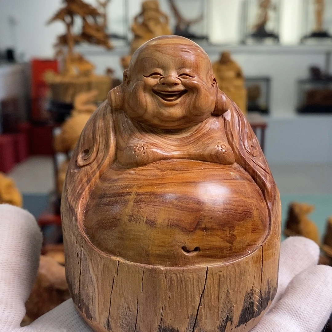 檀香木无事牌开心弥勒佛摆件工艺品