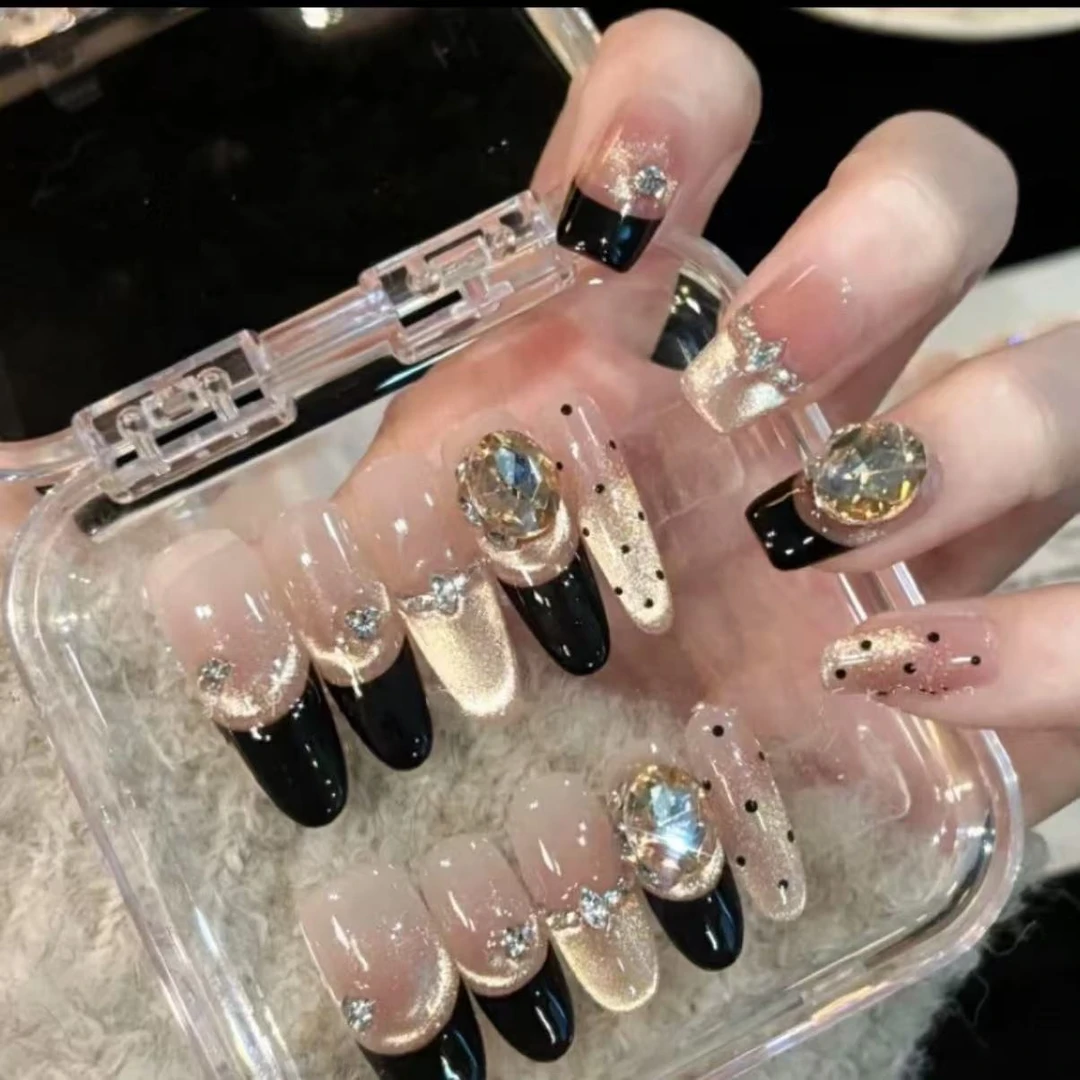 【珍妮】纯手工穿戴甲法式香槟色爆闪猫眼高级显白穿戴式10片美甲