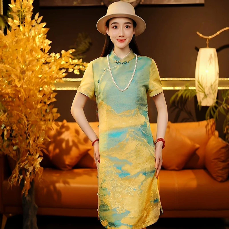 【可儿•高定】非遗织金宋锦高端新中式设计师款桑蚕丝旗袍3-J6096-1