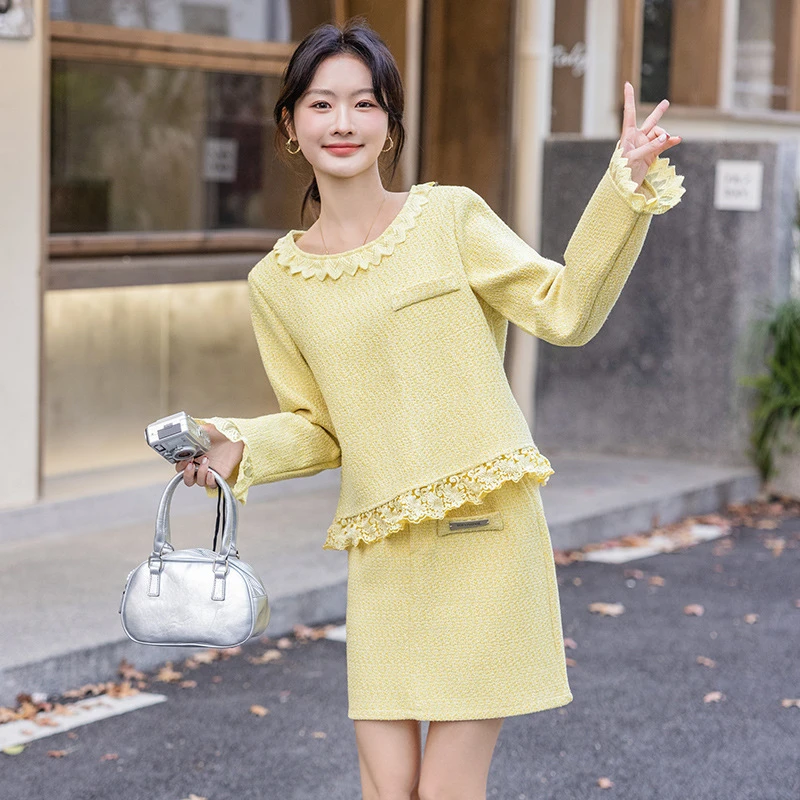 小香风时尚休闲套装春装新款女装蕾丝拼圆领长袖包臀裙两件套