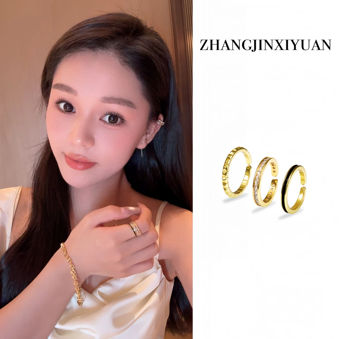 铜合金戒指 ZJ XIYUAN镀k金【冷淡玫瑰】时尚三件套轻奢指环R077