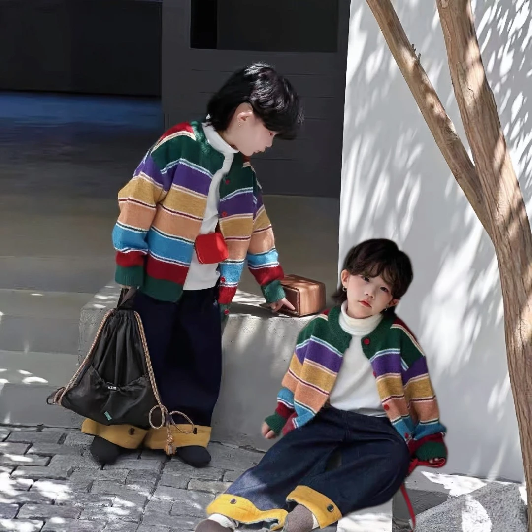 JMJQ秋冬季儿童保暖圆领彩色宽条加厚针织羊毛混纺开衫毛衣251388