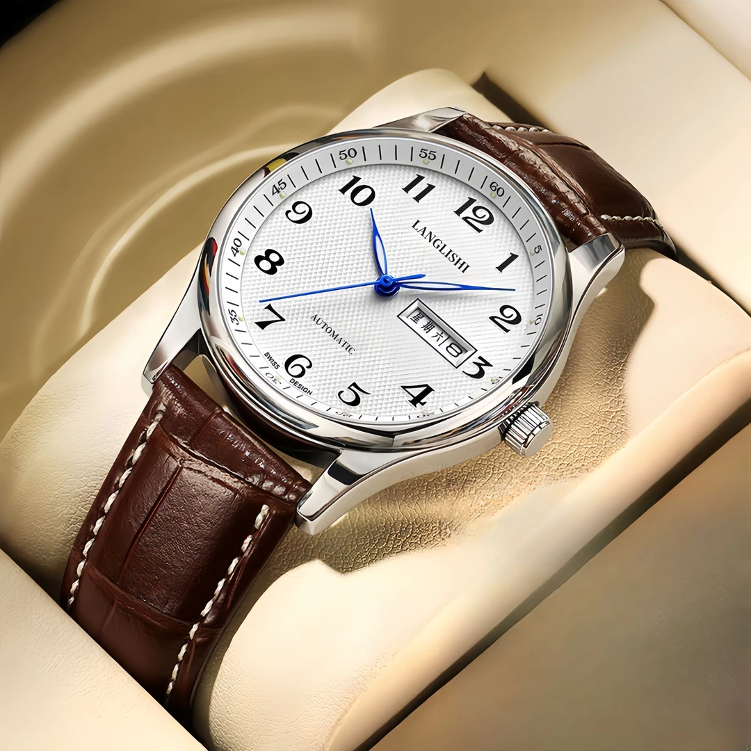 【专柜直发】男士经典白面气质棕皮针扣镂空夜光男款百搭腕表LL007