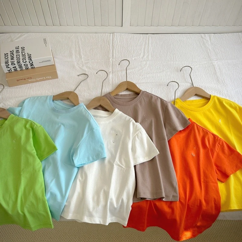 夏季儿童多色大标刺绣T恤男童女童纯色圆领韩版针织短袖52QT504