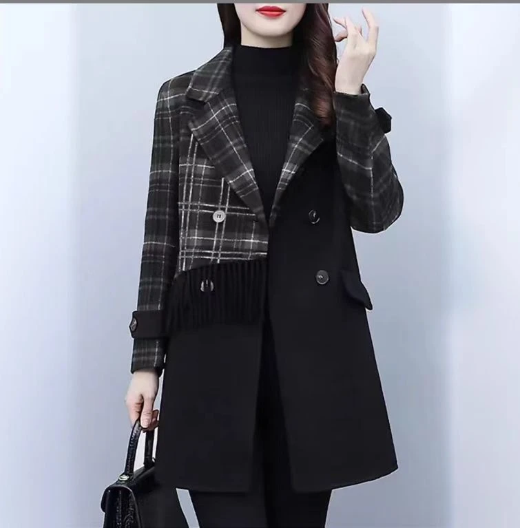 中长款格子流苏羊毛双面呢大衣加厚洋气潮流西装外套春秋显瘦W180